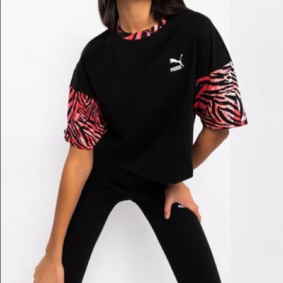 PUMA ZEBRA SLEEVE BOYFRIEND CROP TEE - Picture 1 of 5